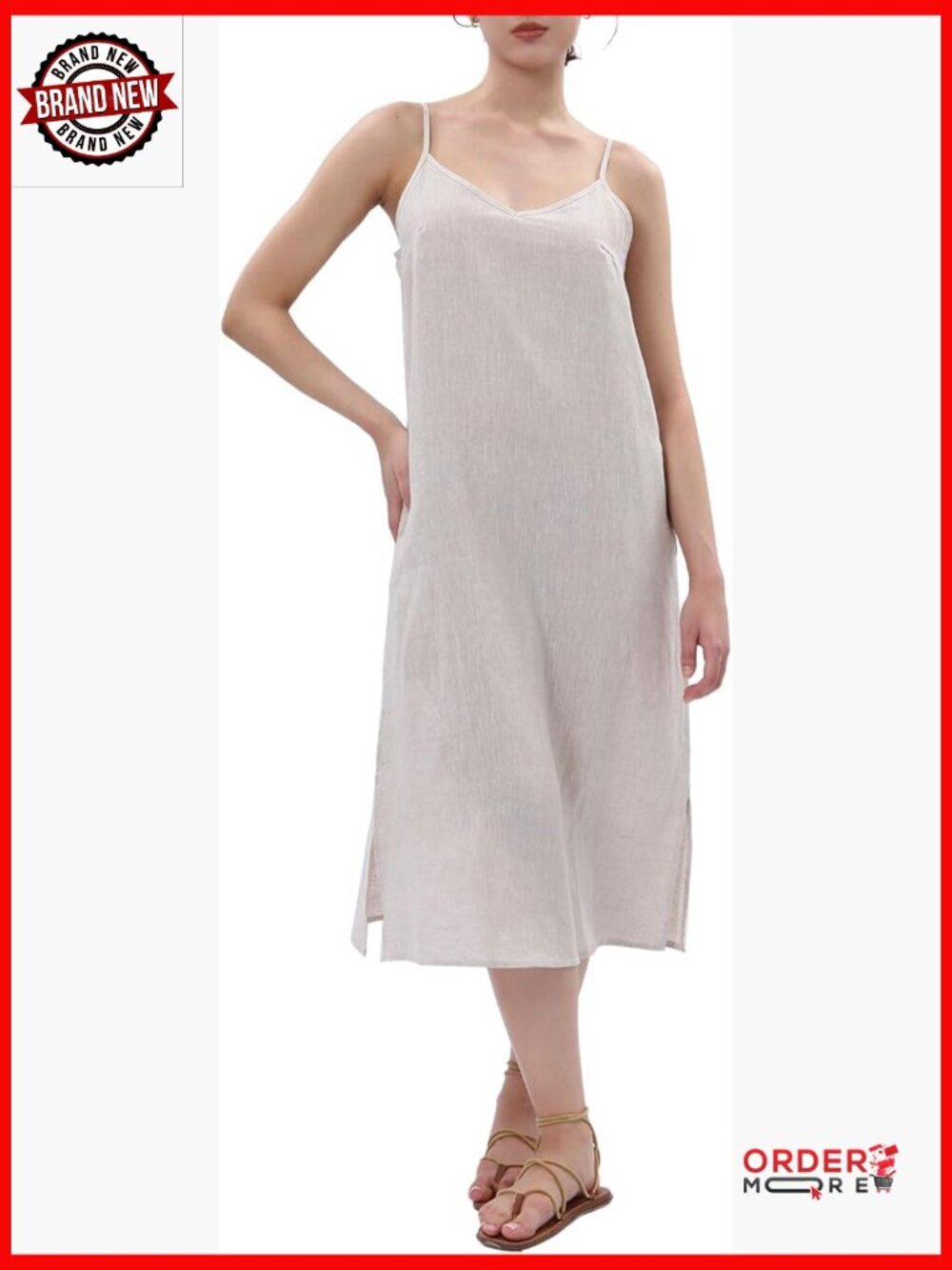 Pure Linen Summer Midi Slip Dress with Pockets